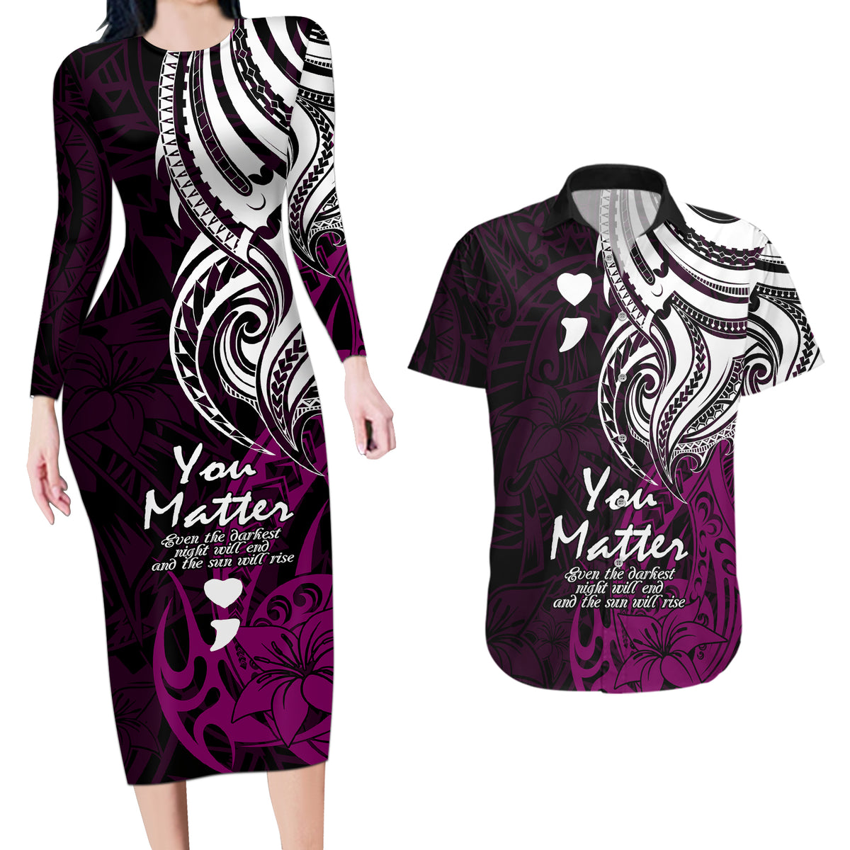 Your Matter Suicide Prevention Couples Matching Long Sleeve Bodycon Dress and Hawaiian Shirt Pink Polynesian Tribal LT9 - Wonder Print Shop