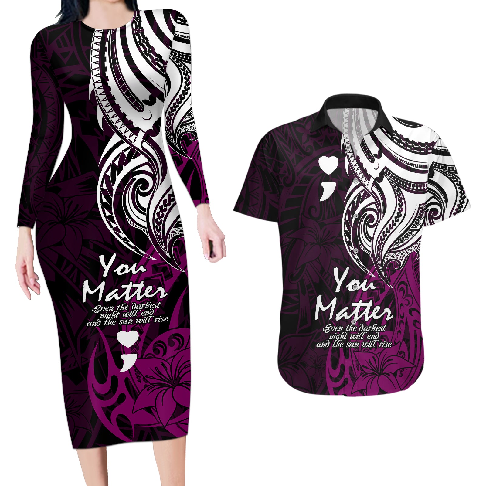 Your Matter Suicide Prevention Couples Matching Long Sleeve Bodycon Dress and Hawaiian Shirt Pink Polynesian Tribal LT9 - Wonder Print Shop