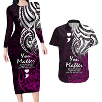 Your Matter Suicide Prevention Couples Matching Long Sleeve Bodycon Dress and Hawaiian Shirt Pink Polynesian Tribal LT9 - Wonder Print Shop
