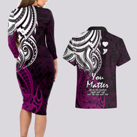 Your Matter Suicide Prevention Couples Matching Long Sleeve Bodycon Dress and Hawaiian Shirt Pink Polynesian Tribal LT9 - Wonder Print Shop