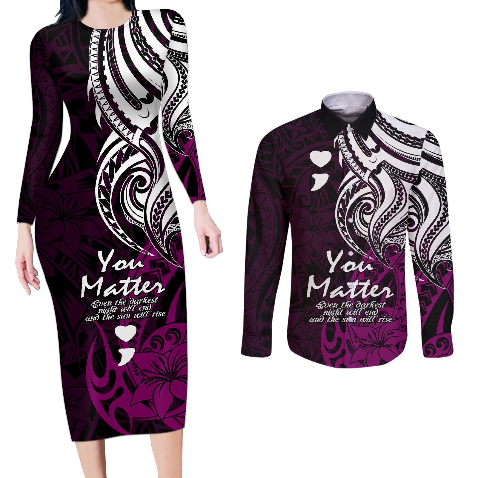Your Matter Suicide Prevention Couples Matching Long Sleeve Bodycon Dress and Long Sleeve Button Shirts Pink Polynesian Tribal LT9 - Wonder Print Shop