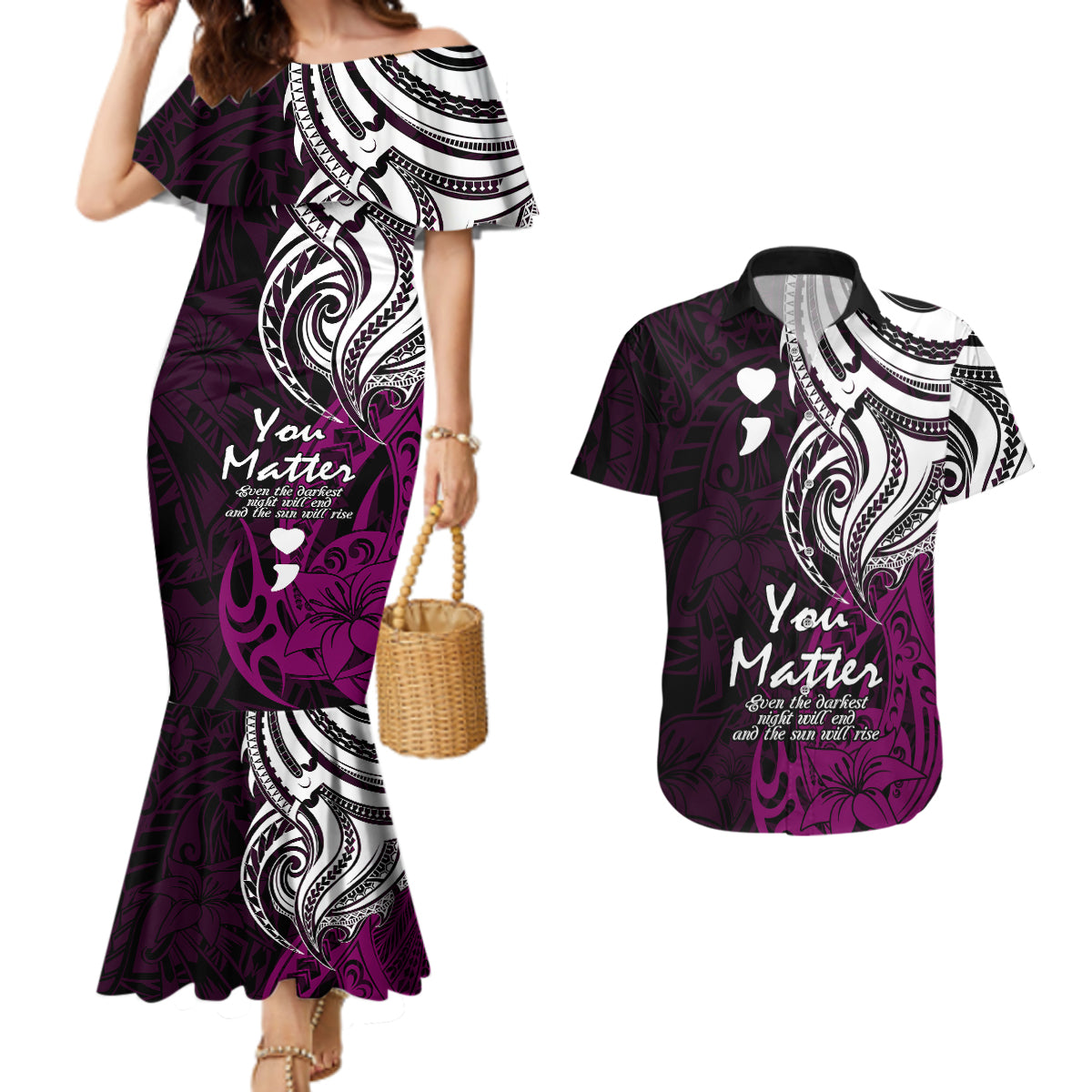 Your Matter Suicide Prevention Couples Matching Mermaid Dress and Hawaiian Shirt Pink Polynesian Tribal LT9 - Wonder Print Shop