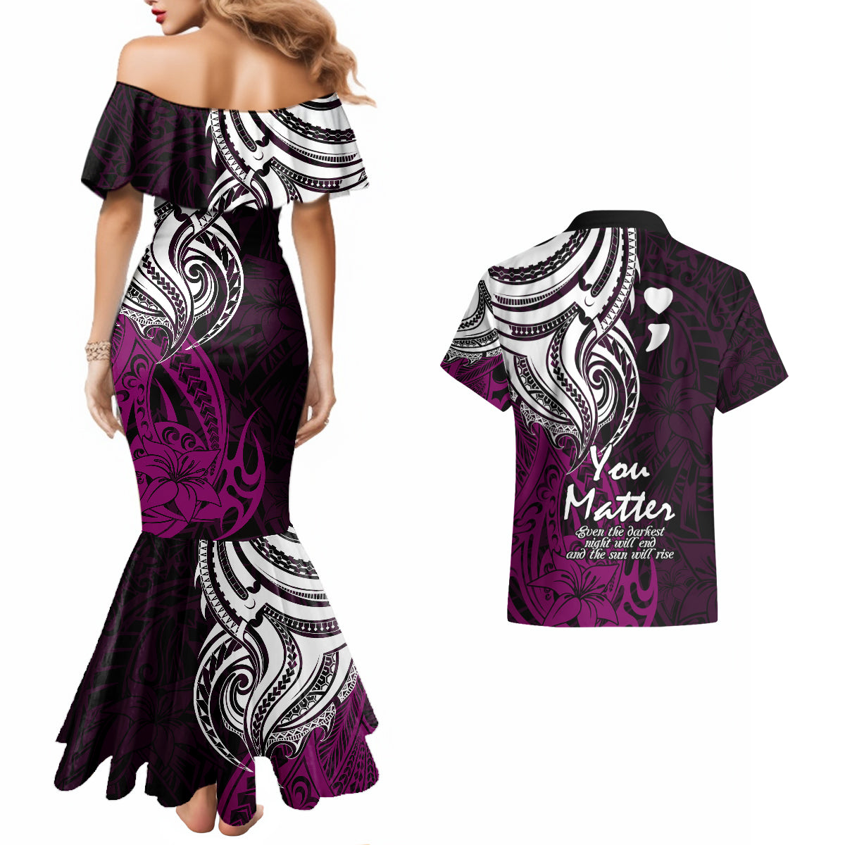 Your Matter Suicide Prevention Couples Matching Mermaid Dress and Hawaiian Shirt Pink Polynesian Tribal LT9 - Wonder Print Shop
