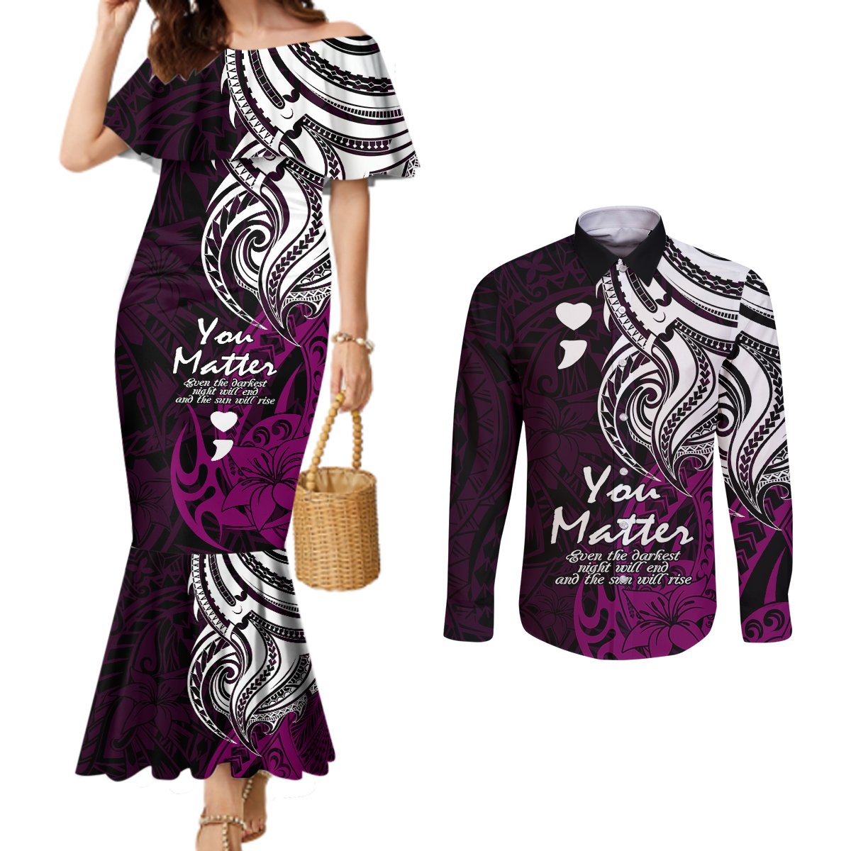 your-matter-suicide-prevention-couples-matching-mermaid-dress-and-long-sleeve-button-shirts-pink-polynesian-tribal