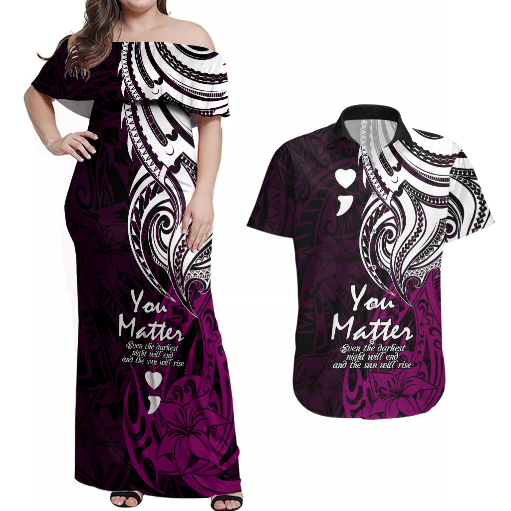 Your Matter Suicide Prevention Couples Matching Off Shoulder Maxi Dress and Hawaiian Shirt Pink Polynesian Tribal LT9 - Wonder Print Shop