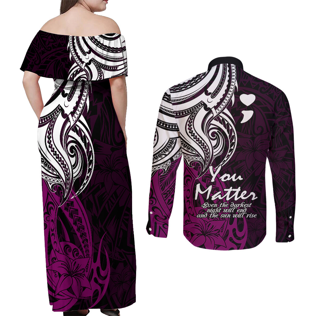 Your Matter Suicide Prevention Couples Matching Off Shoulder Maxi Dress and Long Sleeve Button Shirts Pink Polynesian Tribal LT9 - Wonder Print Shop