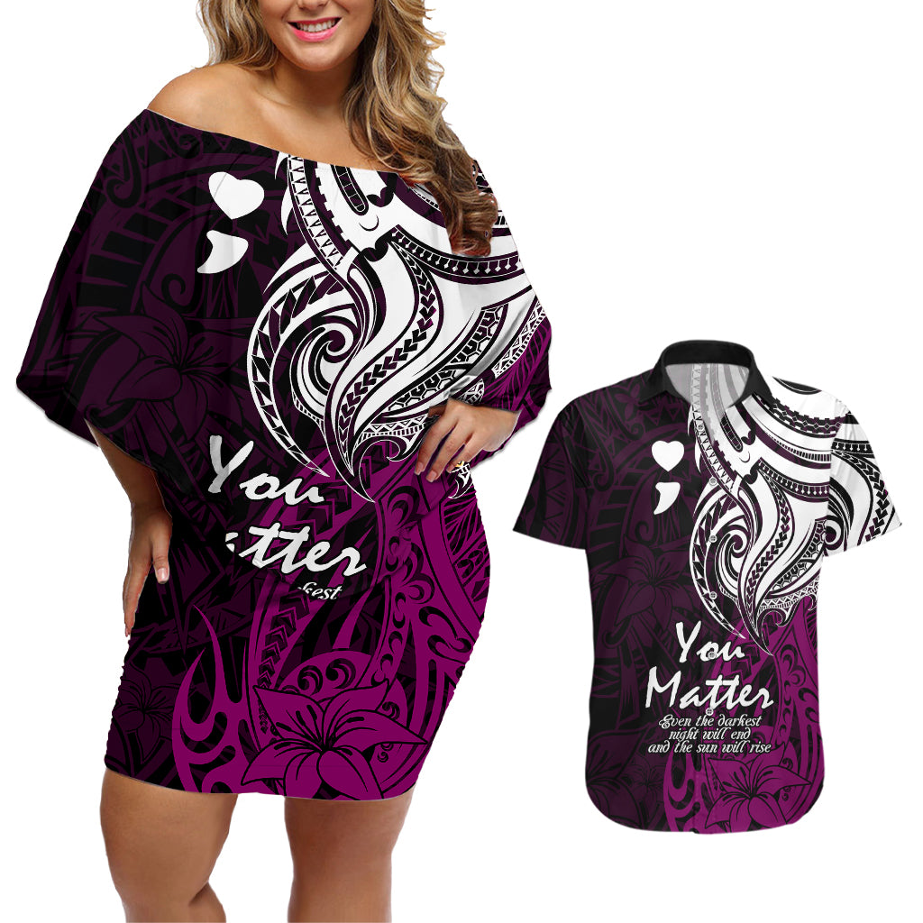 Your Matter Suicide Prevention Couples Matching Off Shoulder Short Dress and Hawaiian Shirt Pink Polynesian Tribal LT9 - Wonder Print Shop