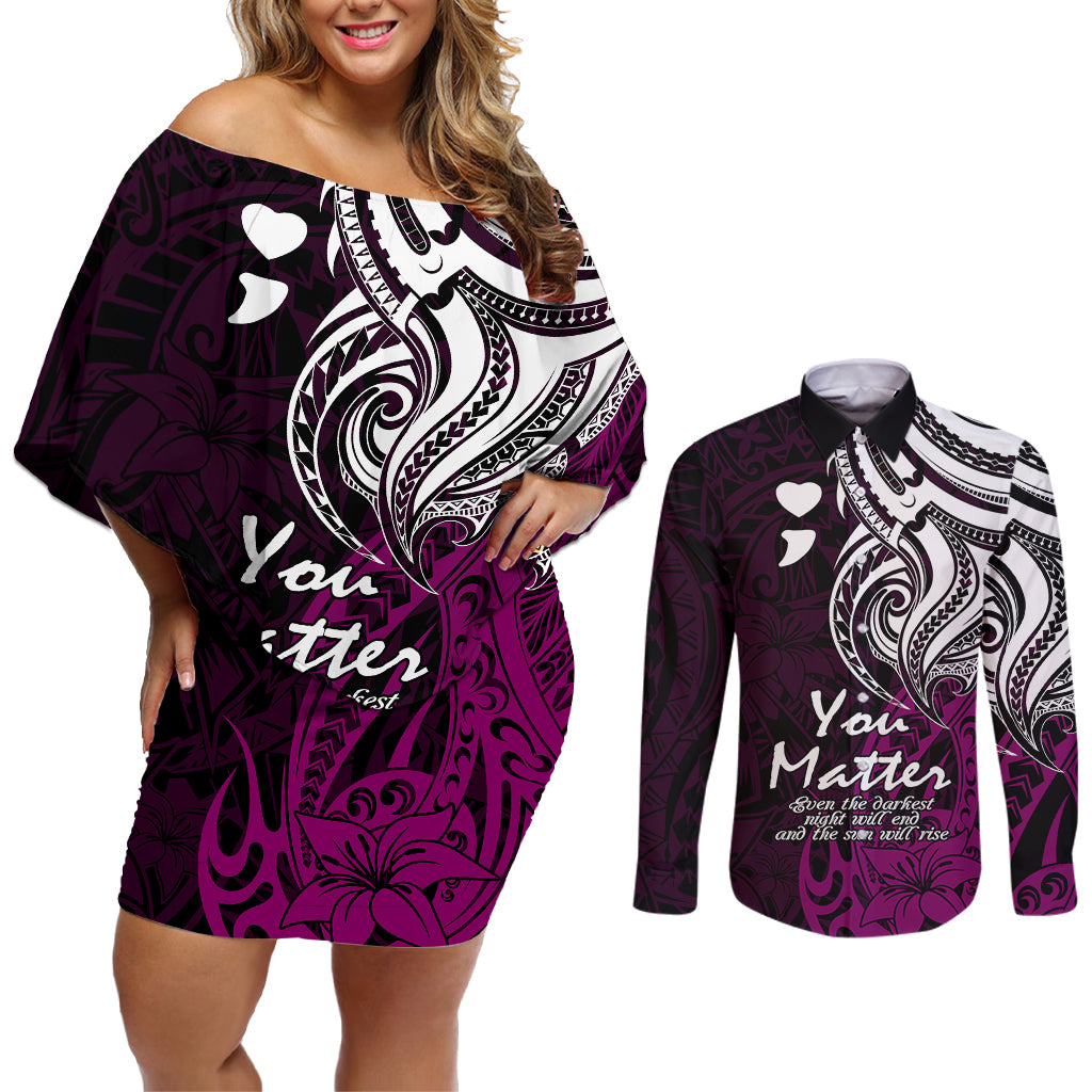 Your Matter Suicide Prevention Couples Matching Off Shoulder Short Dress and Long Sleeve Button Shirts Pink Polynesian Tribal LT9 - Wonder Print Shop