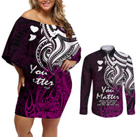 Your Matter Suicide Prevention Couples Matching Off Shoulder Short Dress and Long Sleeve Button Shirts Pink Polynesian Tribal LT9 - Wonder Print Shop