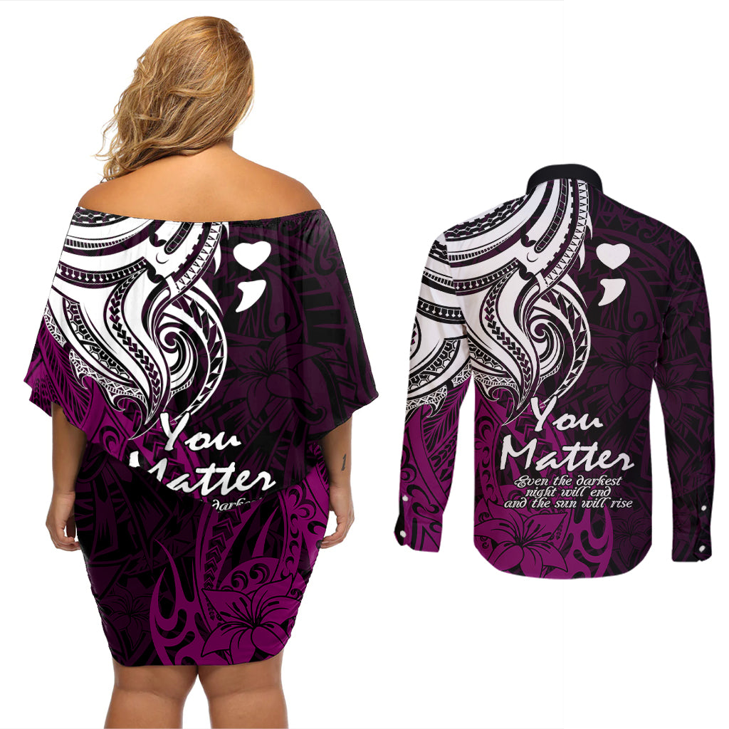 Your Matter Suicide Prevention Couples Matching Off Shoulder Short Dress and Long Sleeve Button Shirts Pink Polynesian Tribal LT9 - Wonder Print Shop
