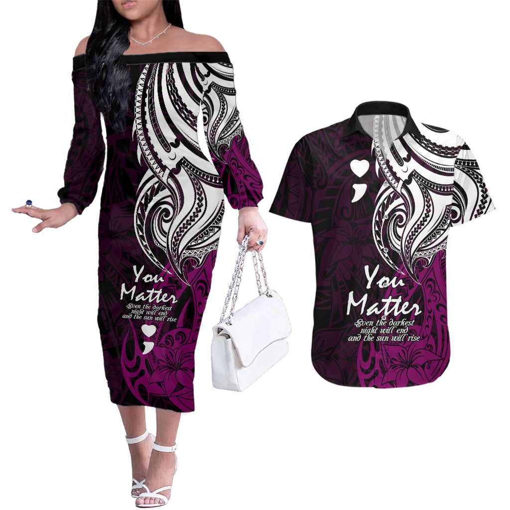 Your Matter Suicide Prevention Couples Matching Off The Shoulder Long Sleeve Dress and Hawaiian Shirt Pink Polynesian Tribal LT9 - Wonder Print Shop