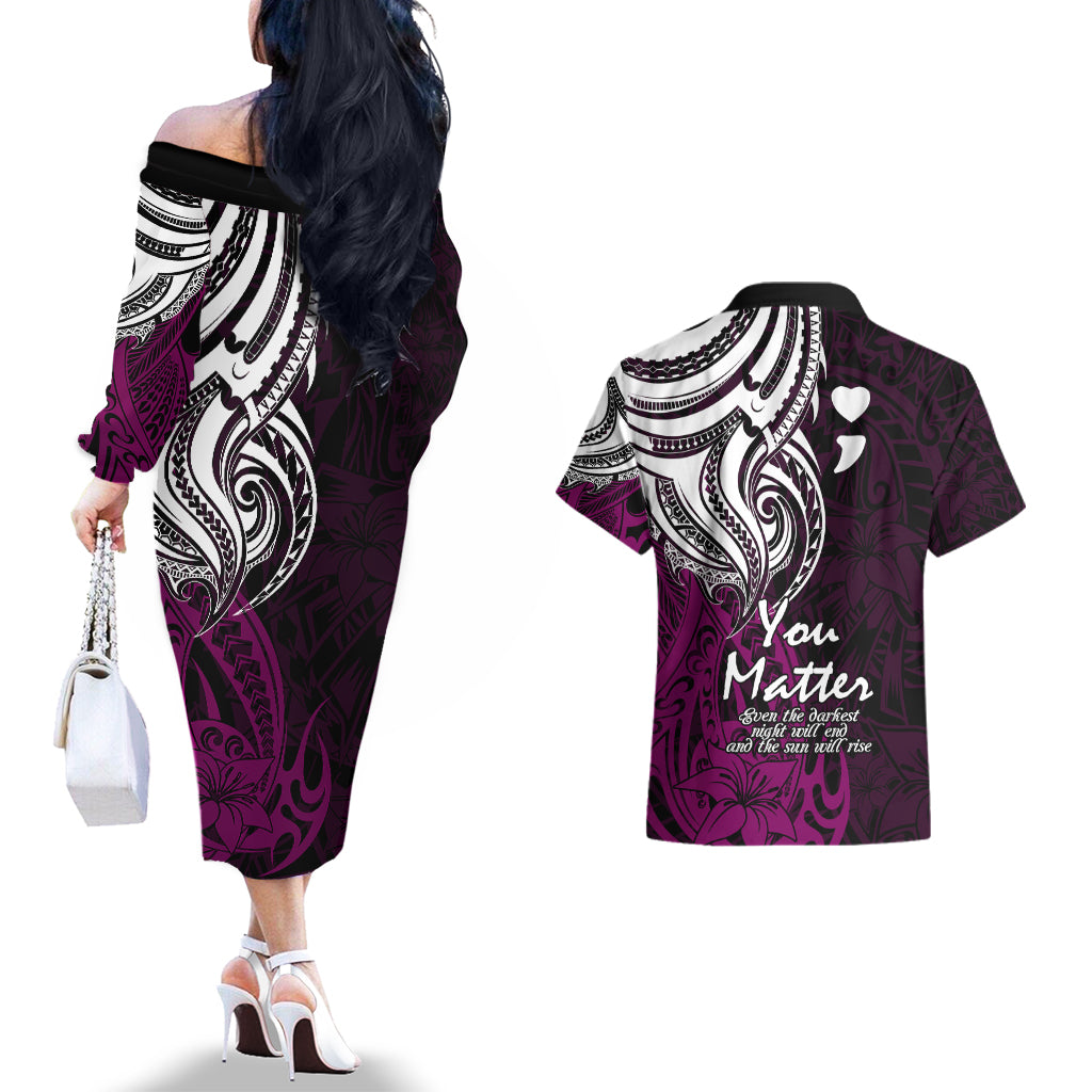 Your Matter Suicide Prevention Couples Matching Off The Shoulder Long Sleeve Dress and Hawaiian Shirt Pink Polynesian Tribal LT9 - Wonder Print Shop