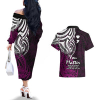 Your Matter Suicide Prevention Couples Matching Off The Shoulder Long Sleeve Dress and Hawaiian Shirt Pink Polynesian Tribal LT9 - Wonder Print Shop