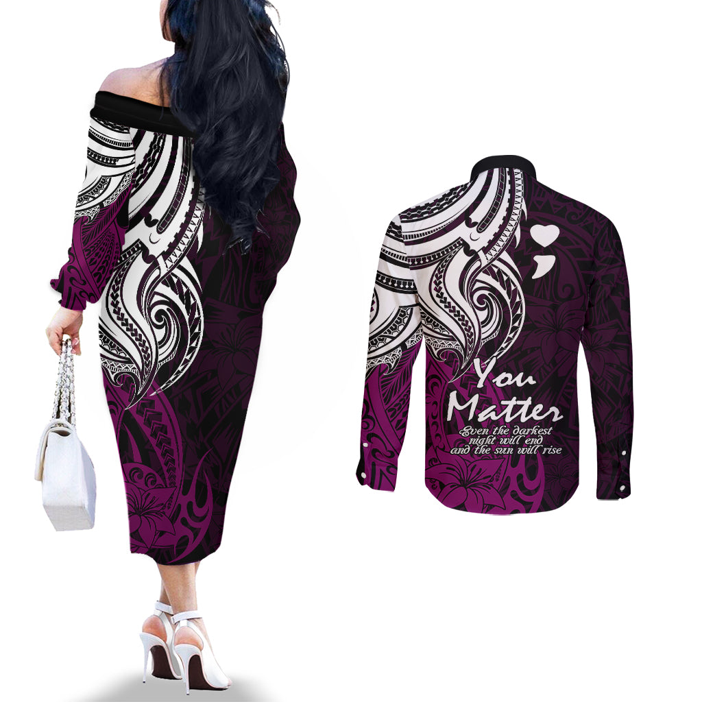 your-matter-suicide-prevention-couples-matching-off-the-shoulder-long-sleeve-dress-and-long-sleeve-button-shirts-pink-polynesian-tribal