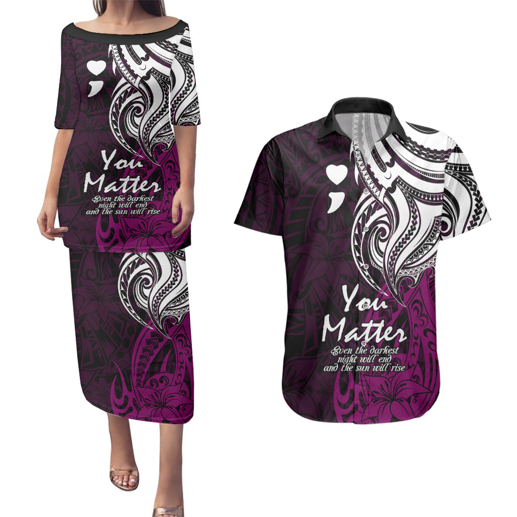 Your Matter Suicide Prevention Couples Matching Puletasi Dress and Hawaiian Shirt Pink Polynesian Tribal LT9 - Wonder Print Shop