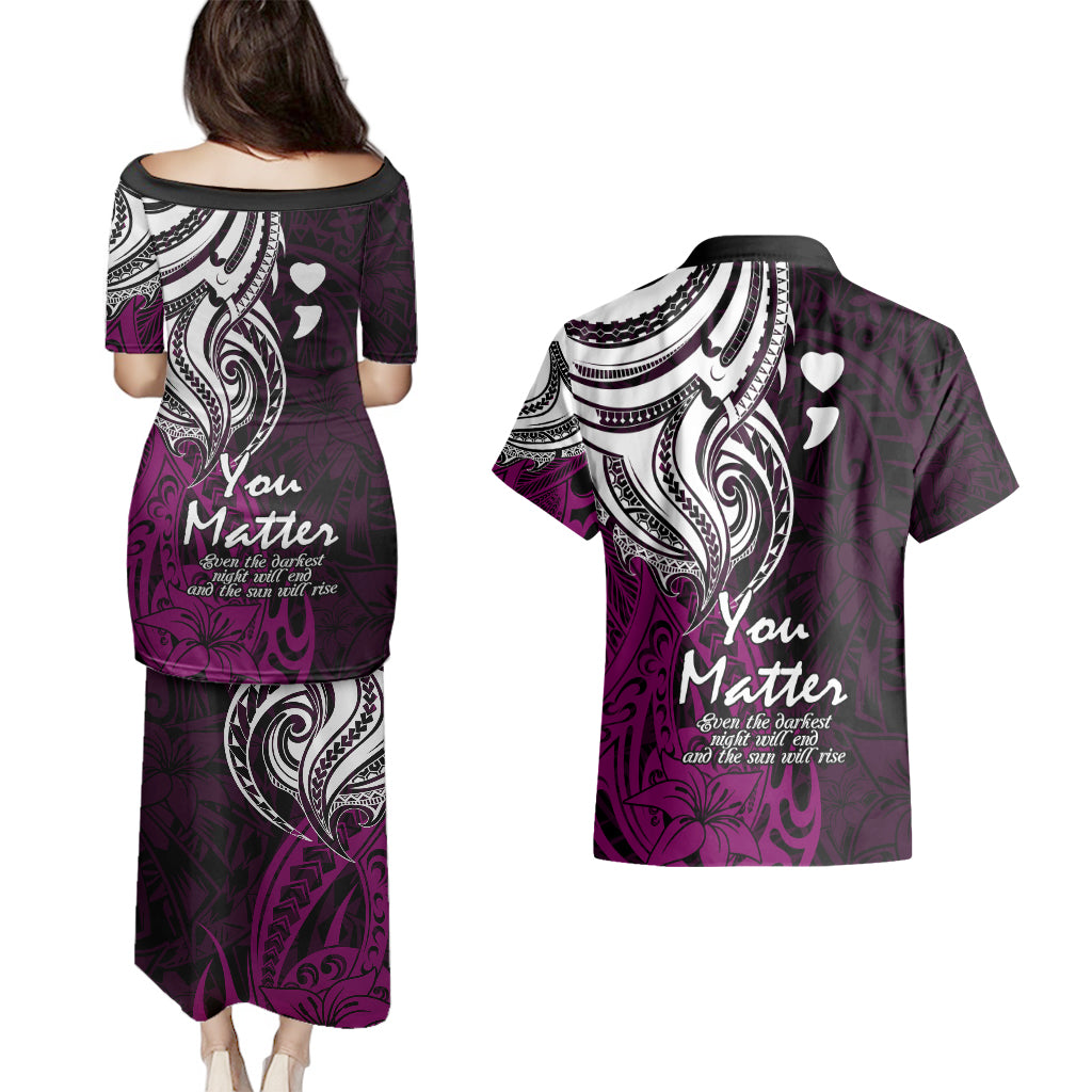 Your Matter Suicide Prevention Couples Matching Puletasi Dress and Hawaiian Shirt Pink Polynesian Tribal LT9 - Wonder Print Shop
