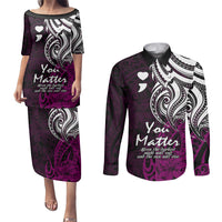 Your Matter Suicide Prevention Couples Matching Puletasi Dress and Long Sleeve Button Shirts Pink Polynesian Tribal LT9 - Wonder Print Shop