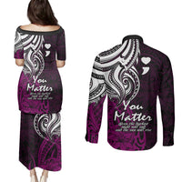 Your Matter Suicide Prevention Couples Matching Puletasi Dress and Long Sleeve Button Shirts Pink Polynesian Tribal LT9 - Wonder Print Shop
