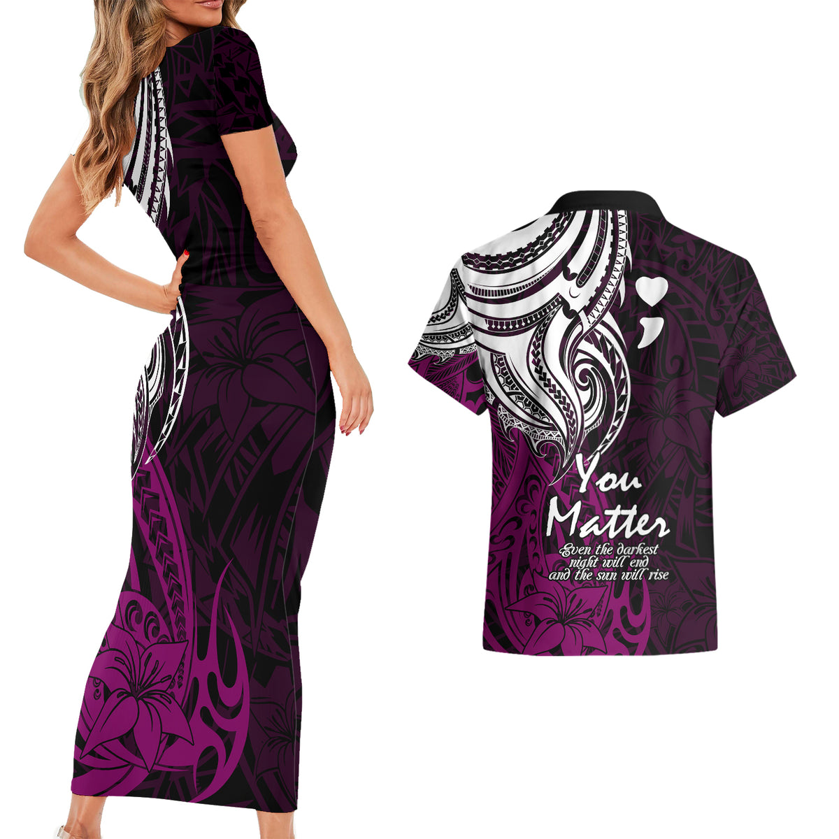 Your Matter Suicide Prevention Couples Matching Short Sleeve Bodycon Dress and Hawaiian Shirt Pink Polynesian Tribal LT9 - Wonder Print Shop