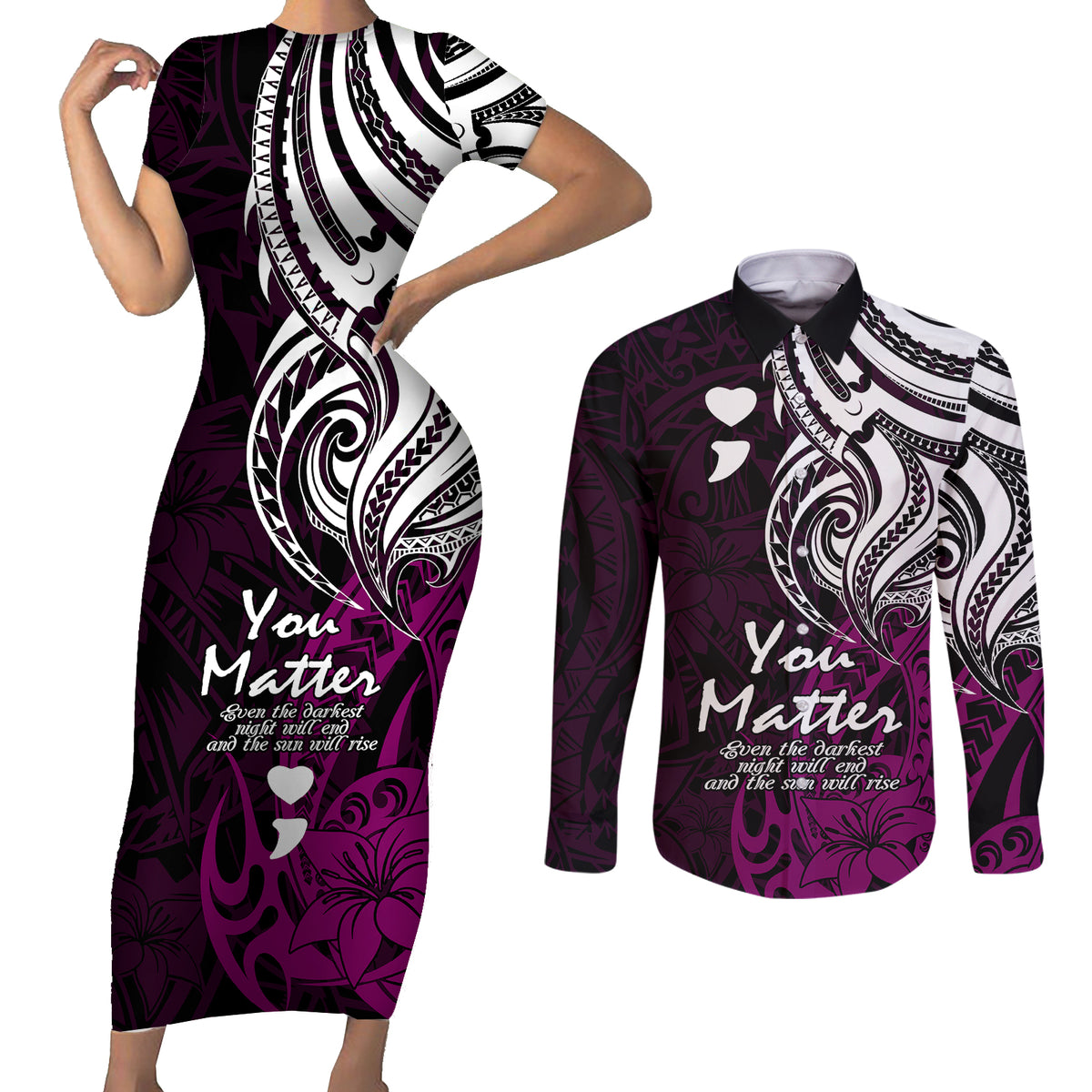 Your Matter Suicide Prevention Couples Matching Short Sleeve Bodycon Dress and Long Sleeve Button Shirts Pink Polynesian Tribal LT9 - Wonder Print Shop