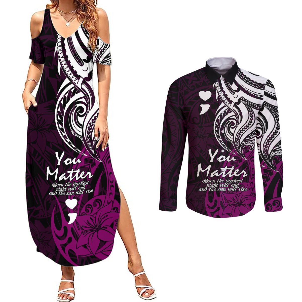 Your Matter Suicide Prevention Couples Matching Summer Maxi Dress and Long Sleeve Button Shirts Pink Polynesian Tribal LT9 - Wonder Print Shop