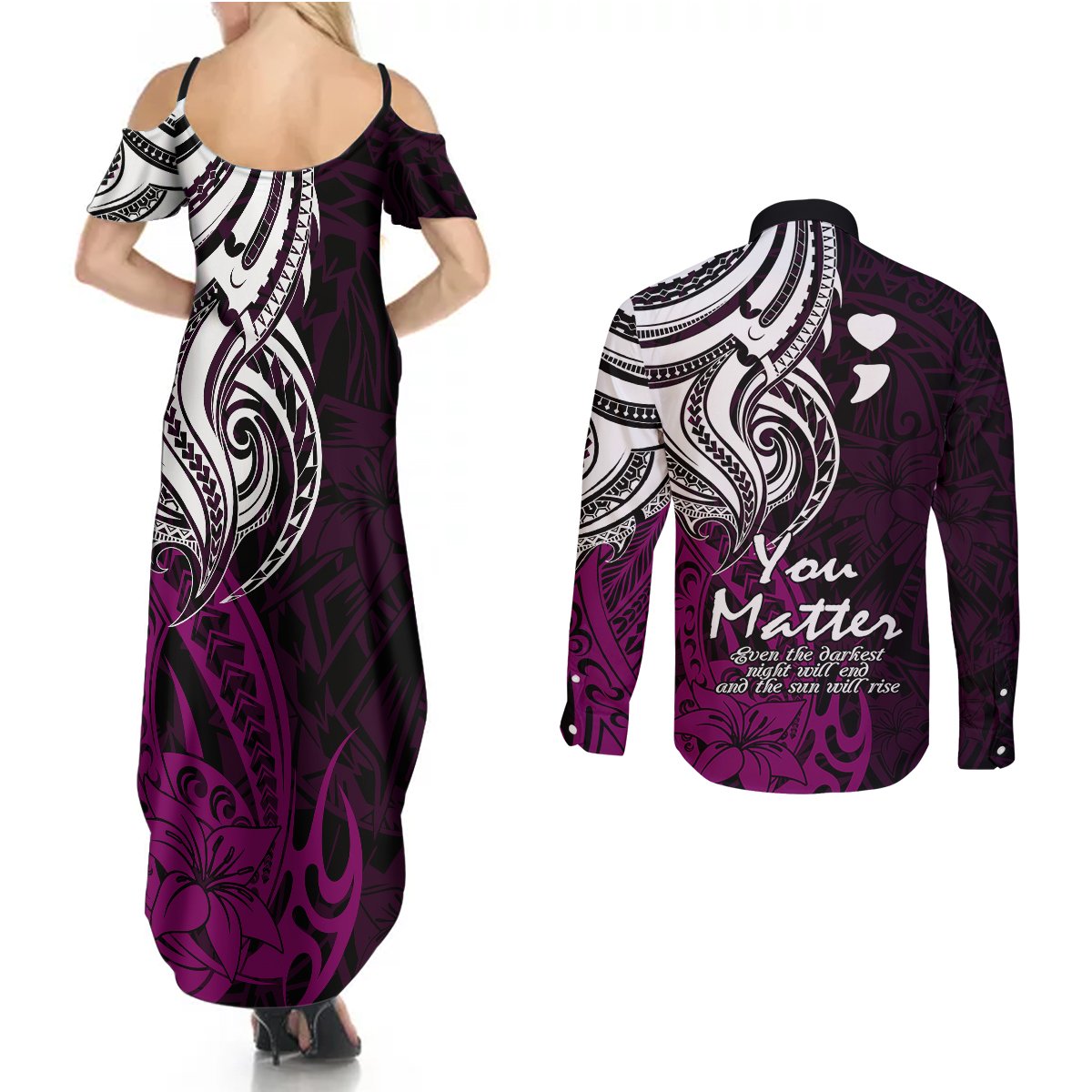 Your Matter Suicide Prevention Couples Matching Summer Maxi Dress and Long Sleeve Button Shirts Pink Polynesian Tribal LT9 - Wonder Print Shop