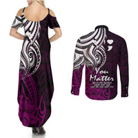 Your Matter Suicide Prevention Couples Matching Summer Maxi Dress and Long Sleeve Button Shirts Pink Polynesian Tribal LT9 - Wonder Print Shop