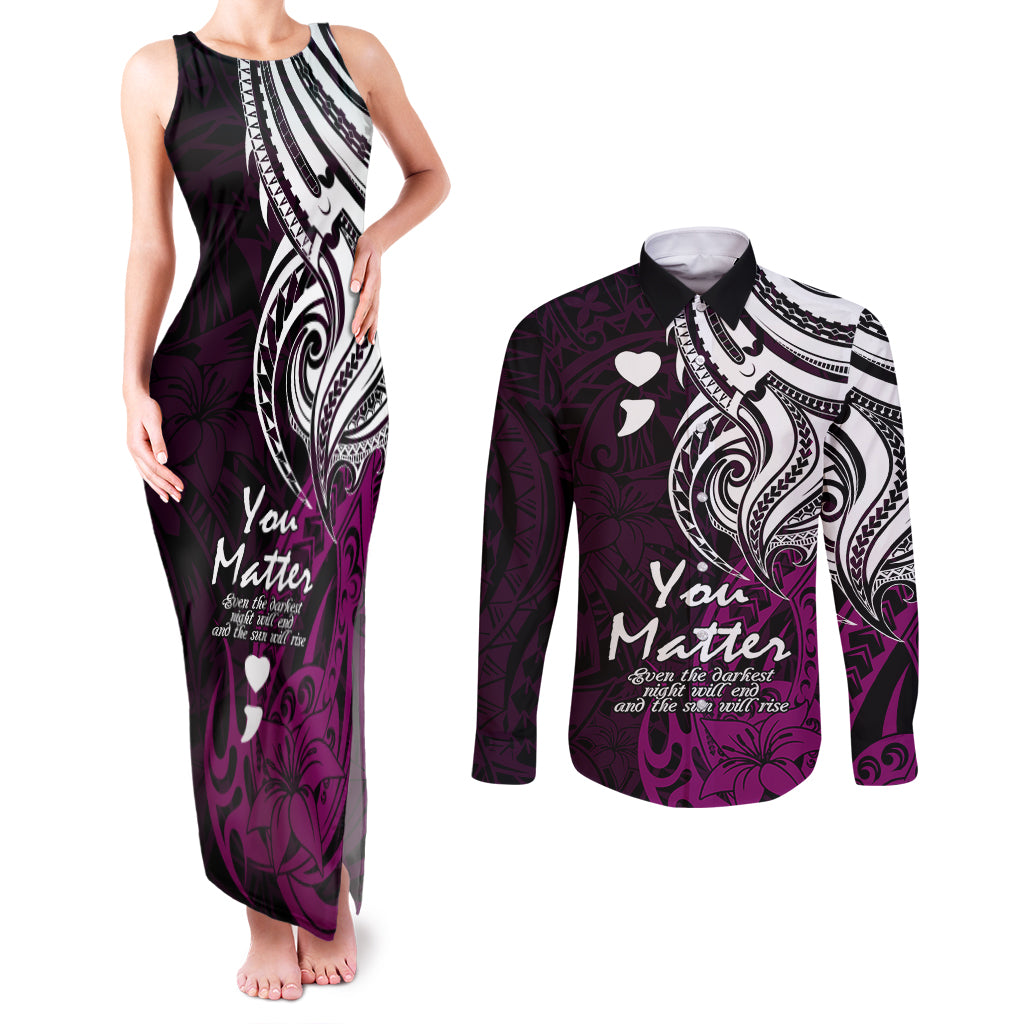 Your Matter Suicide Prevention Couples Matching Tank Maxi Dress and Long Sleeve Button Shirts Pink Polynesian Tribal LT9 - Wonder Print Shop
