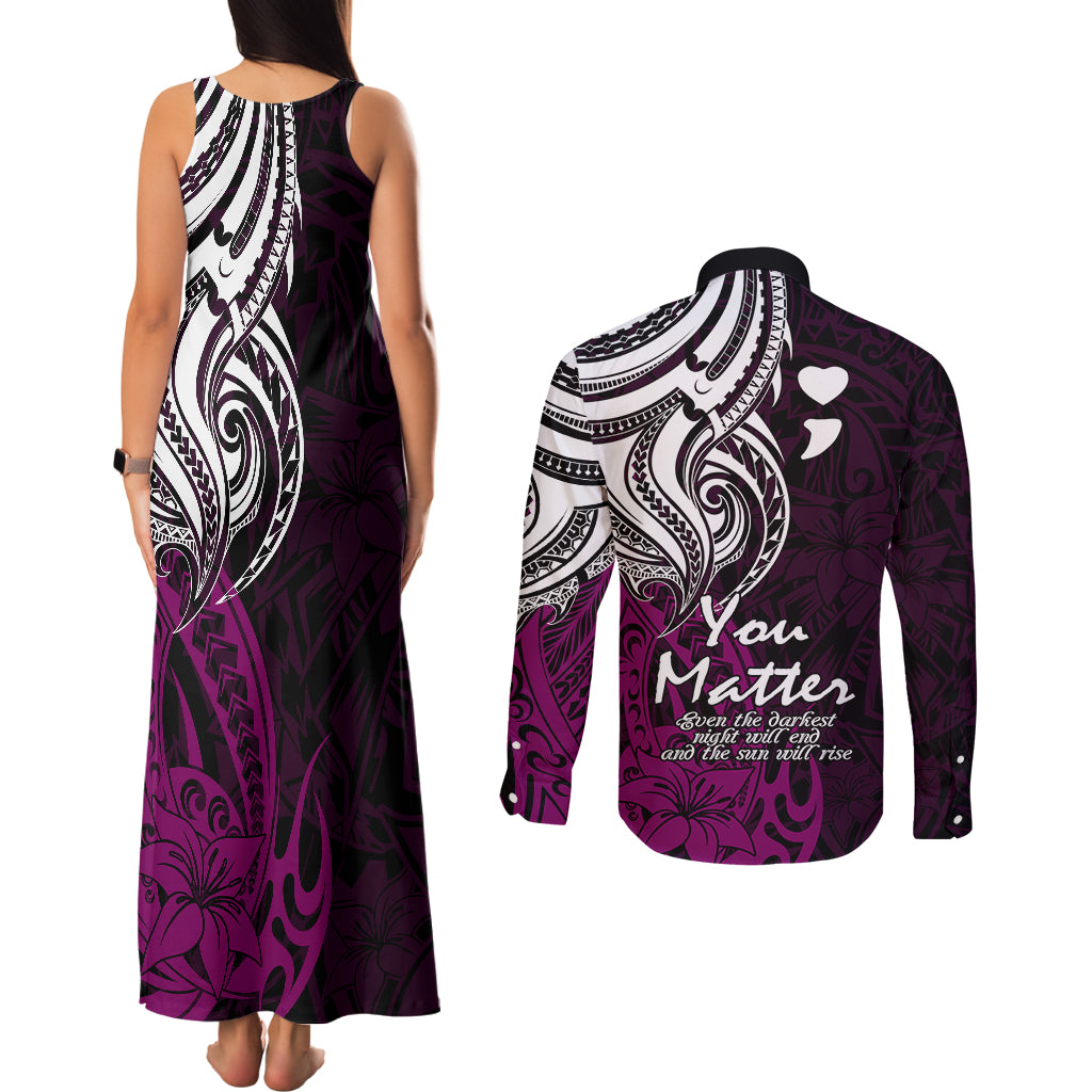 Your Matter Suicide Prevention Couples Matching Tank Maxi Dress and Long Sleeve Button Shirts Pink Polynesian Tribal LT9 - Wonder Print Shop