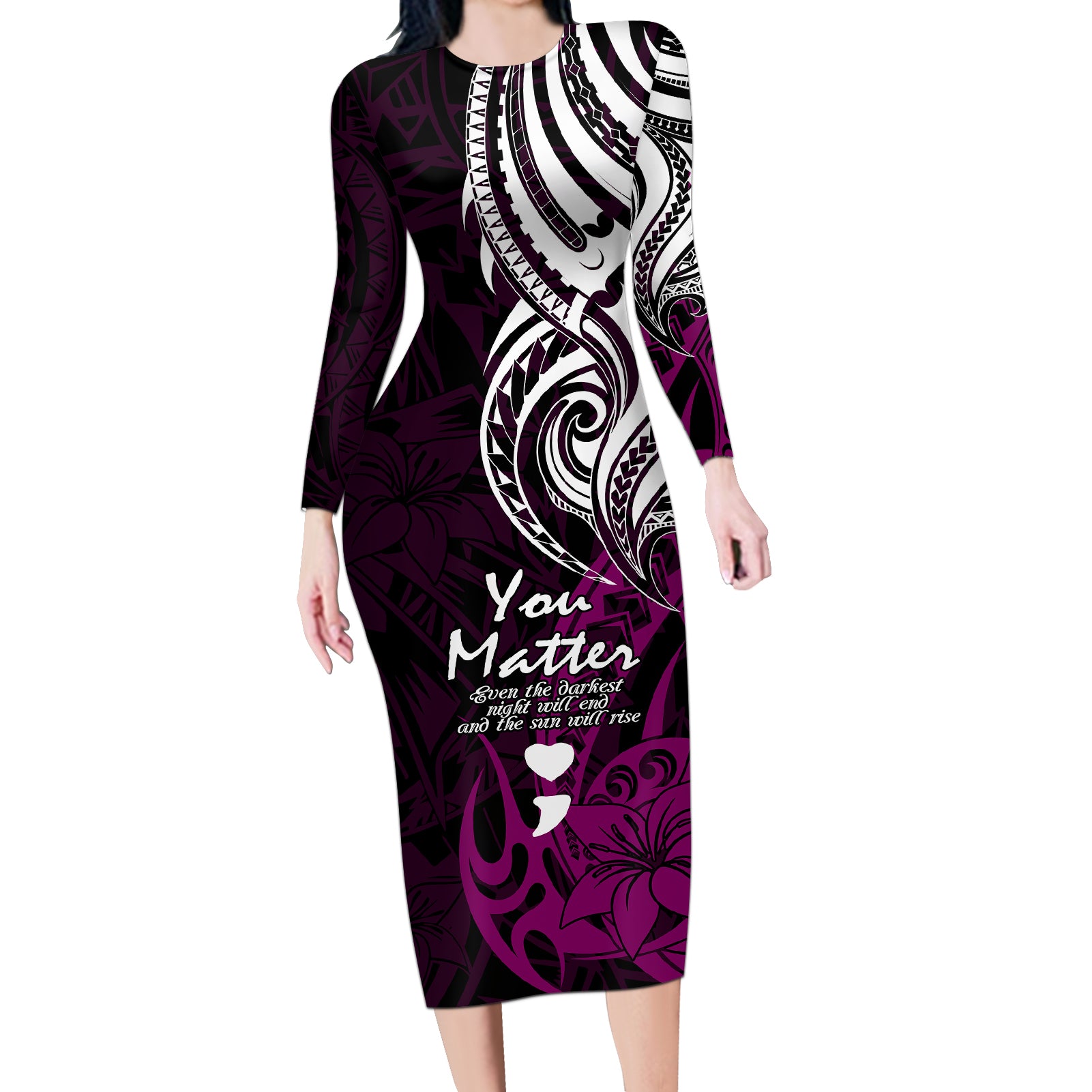 Your Matter Suicide Prevention Long Sleeve Bodycon Dress Pink Polynesian Tribal - Wonder Print Shop
