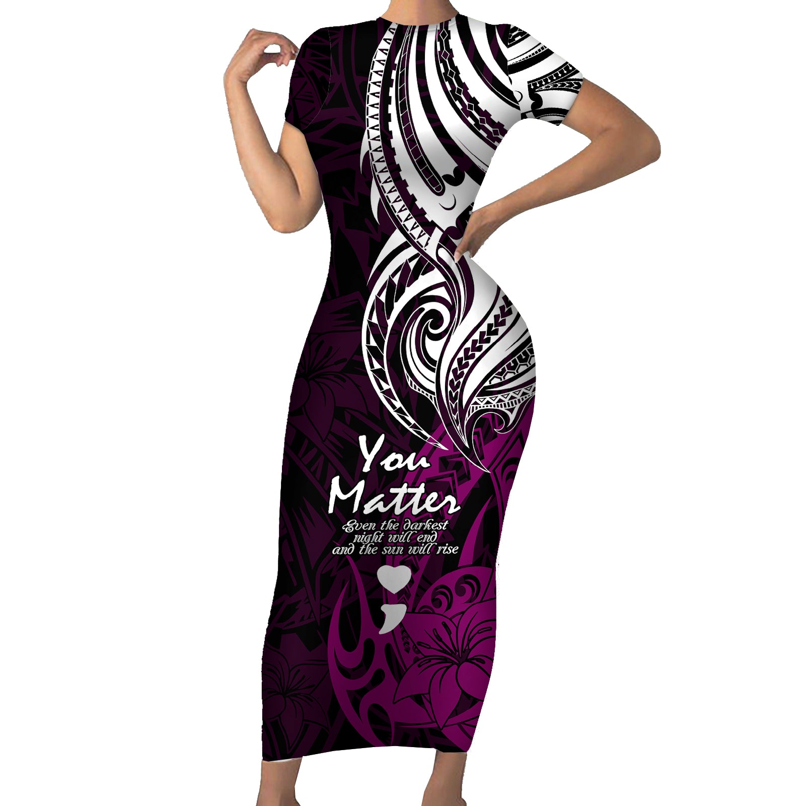 Your Matter Suicide Prevention Short Sleeve Bodycon Dress Pink Polynesian Tribal - Wonder Print Shop