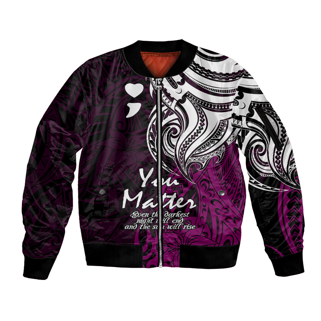 Your Matter Suicide Prevention Sleeve Zip Bomber Jacket Pink Polynesian Tribal - Wonder Print Shop