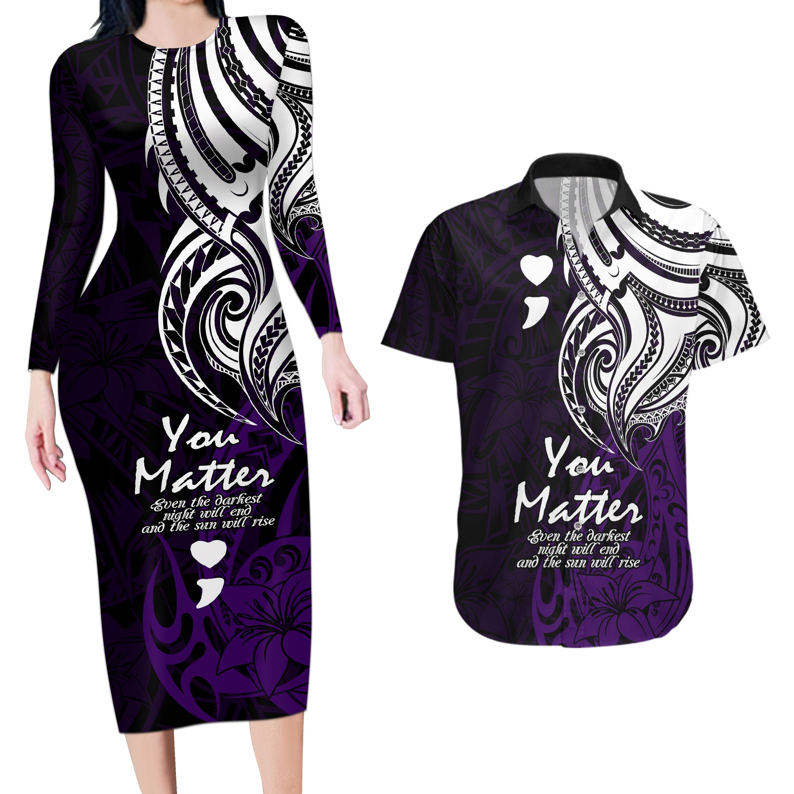 Your Matter Suicide Prevention Couples Matching Long Sleeve Bodycon Dress and Hawaiian Shirt Purple Polynesian Tribal LT9 - Wonder Print Shop