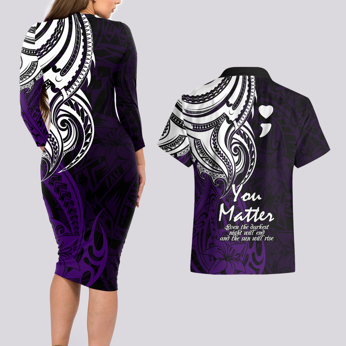 Your Matter Suicide Prevention Couples Matching Long Sleeve Bodycon Dress and Hawaiian Shirt Purple Polynesian Tribal LT9 - Wonder Print Shop
