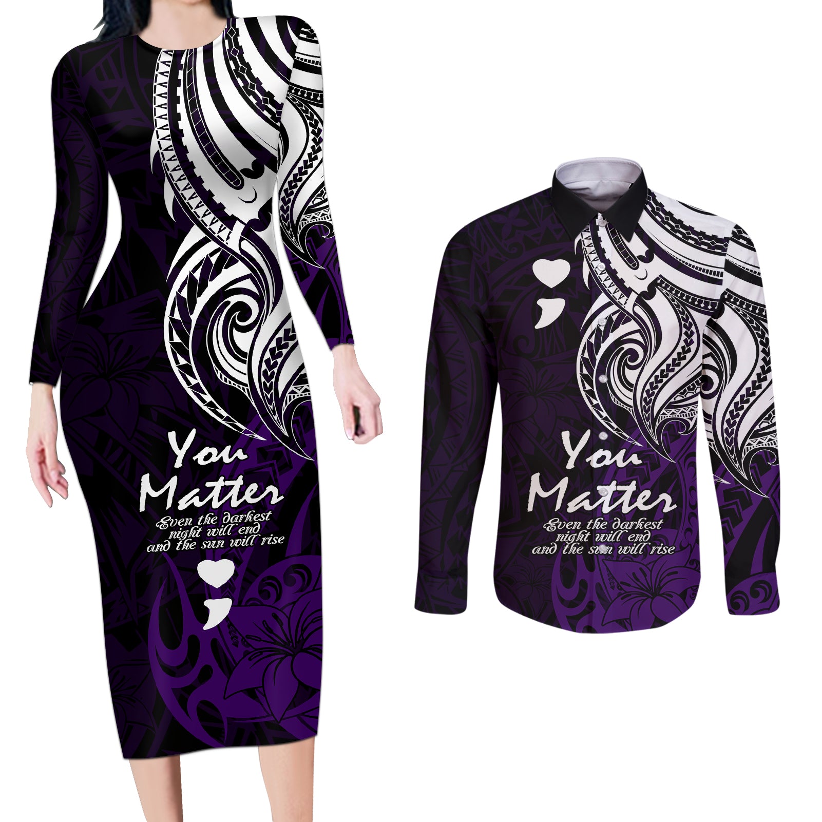 Your Matter Suicide Prevention Couples Matching Long Sleeve Bodycon Dress and Long Sleeve Button Shirts Purple Polynesian Tribal LT9 - Wonder Print Shop