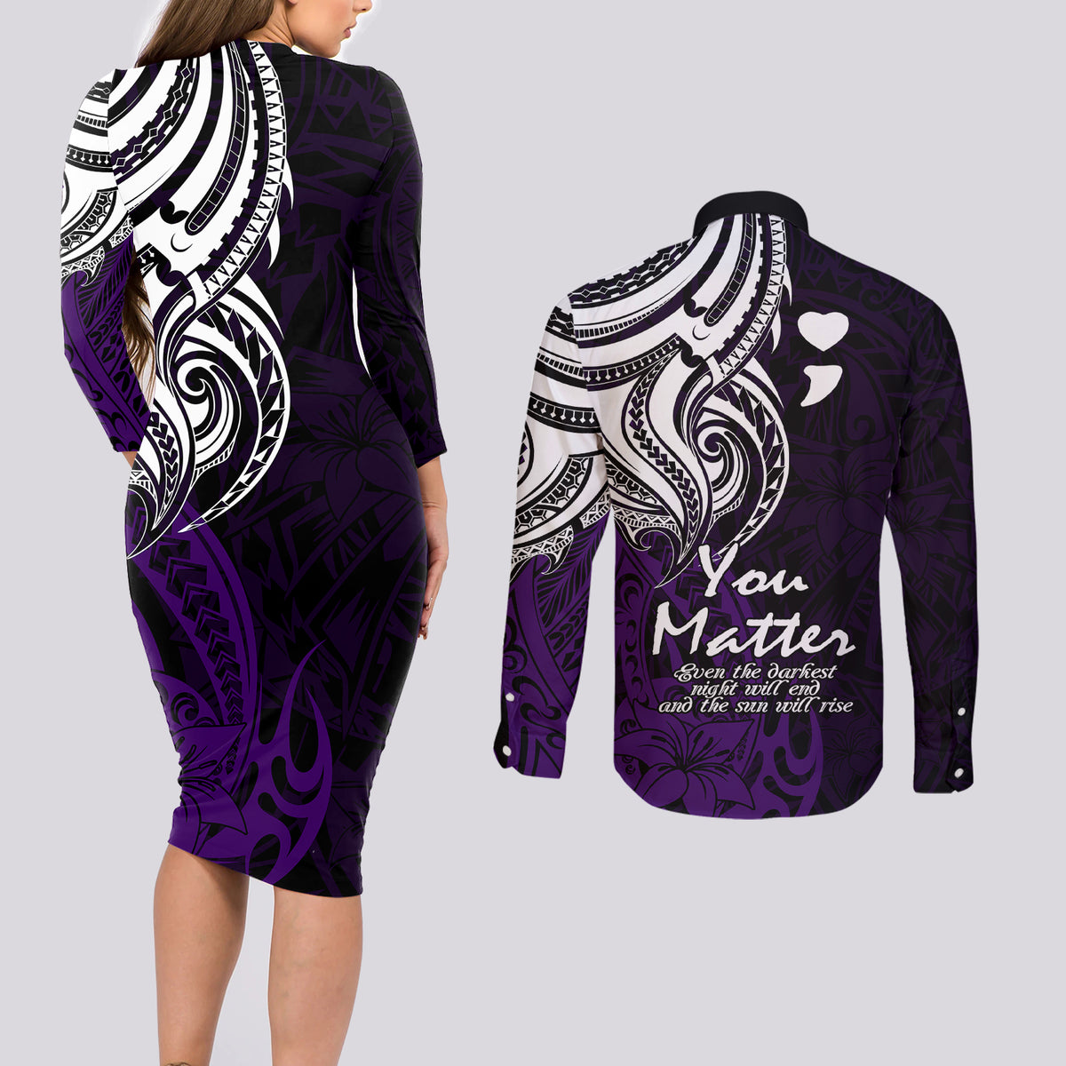 Your Matter Suicide Prevention Couples Matching Long Sleeve Bodycon Dress and Long Sleeve Button Shirts Purple Polynesian Tribal LT9 - Wonder Print Shop