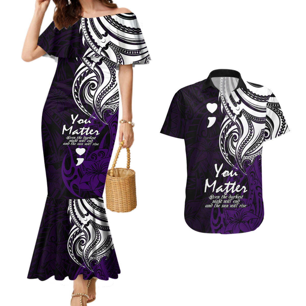 Your Matter Suicide Prevention Couples Matching Mermaid Dress and Hawaiian Shirt Purple Polynesian Tribal LT9 - Wonder Print Shop