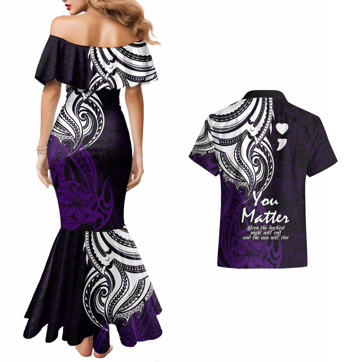 Your Matter Suicide Prevention Couples Matching Mermaid Dress and Hawaiian Shirt Purple Polynesian Tribal LT9 - Wonder Print Shop
