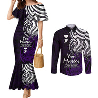 your-matter-suicide-prevention-couples-matching-mermaid-dress-and-long-sleeve-button-shirts-purple-polynesian-tribal