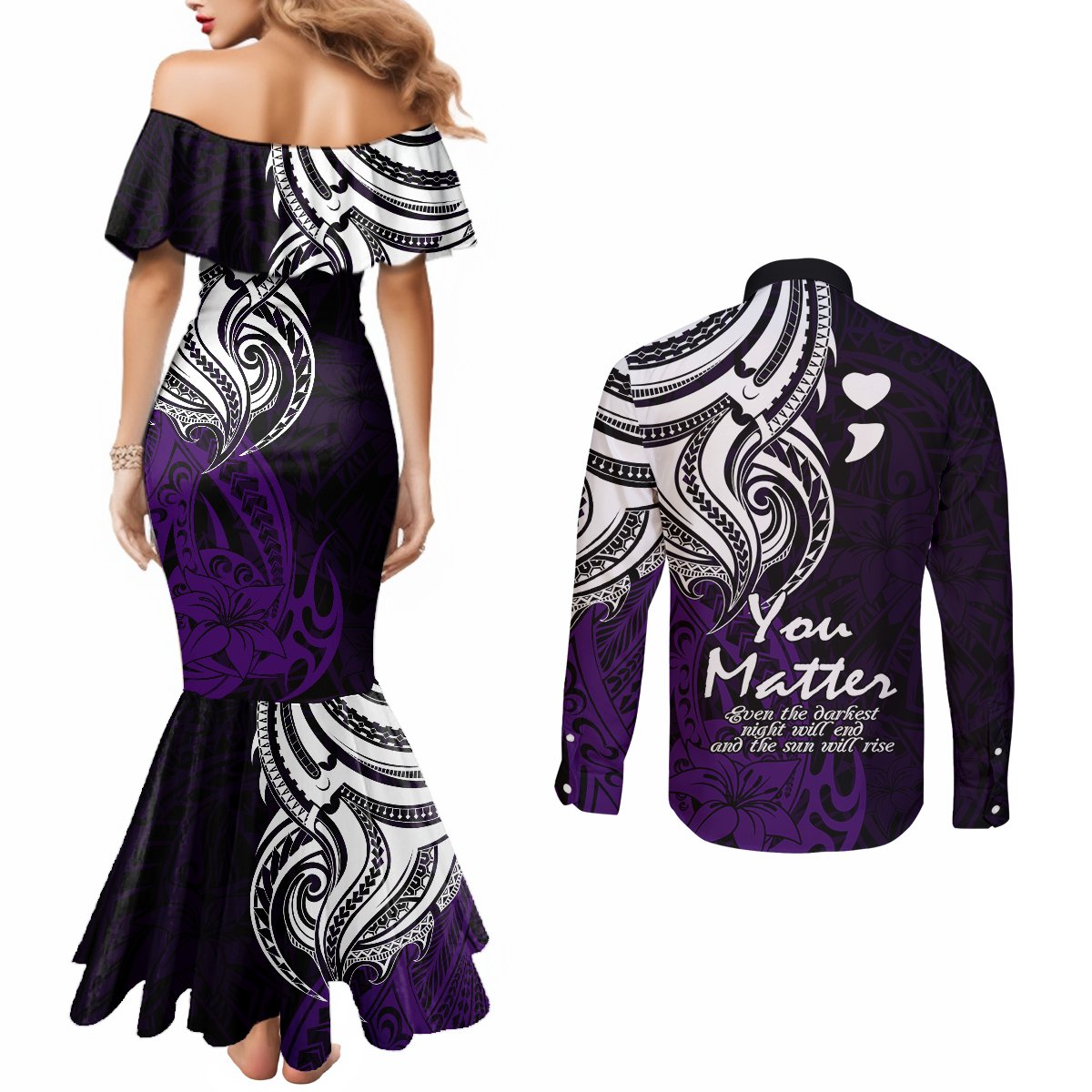 your-matter-suicide-prevention-couples-matching-mermaid-dress-and-long-sleeve-button-shirts-purple-polynesian-tribal