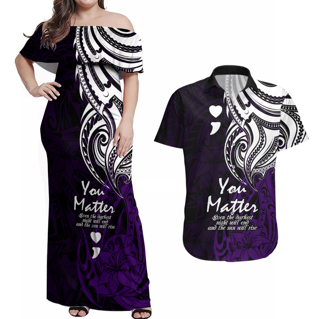 Your Matter Suicide Prevention Couples Matching Off Shoulder Maxi Dress and Hawaiian Shirt Purple Polynesian Tribal LT9 - Wonder Print Shop