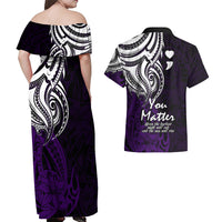 Your Matter Suicide Prevention Couples Matching Off Shoulder Maxi Dress and Hawaiian Shirt Purple Polynesian Tribal LT9 - Wonder Print Shop