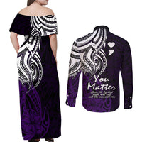 Your Matter Suicide Prevention Couples Matching Off Shoulder Maxi Dress and Long Sleeve Button Shirts Purple Polynesian Tribal LT9 - Wonder Print Shop