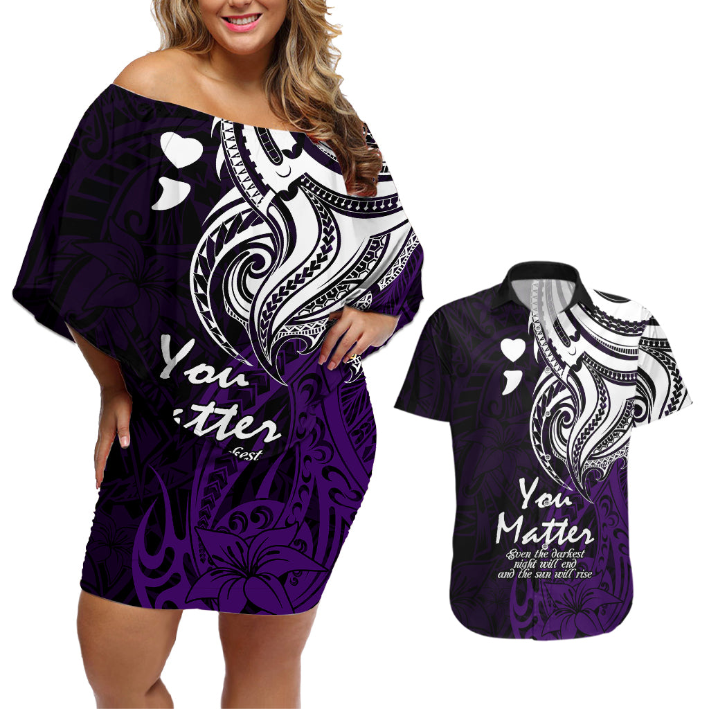 Your Matter Suicide Prevention Couples Matching Off Shoulder Short Dress and Hawaiian Shirt Purple Polynesian Tribal LT9 - Wonder Print Shop