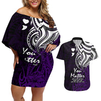 Your Matter Suicide Prevention Couples Matching Off Shoulder Short Dress and Hawaiian Shirt Purple Polynesian Tribal LT9 - Wonder Print Shop