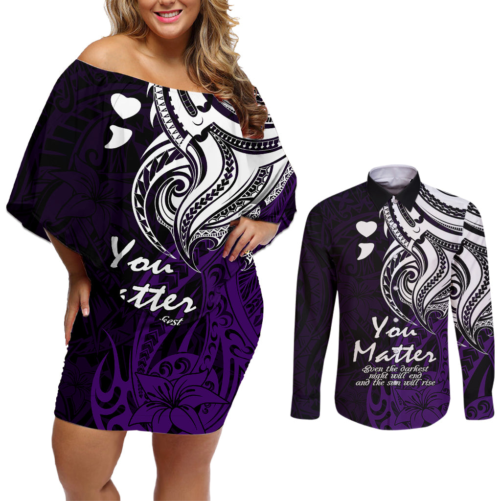 Your Matter Suicide Prevention Couples Matching Off Shoulder Short Dress and Long Sleeve Button Shirts Purple Polynesian Tribal LT9 - Wonder Print Shop