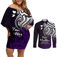 Your Matter Suicide Prevention Couples Matching Off Shoulder Short Dress and Long Sleeve Button Shirts Purple Polynesian Tribal LT9 - Wonder Print Shop
