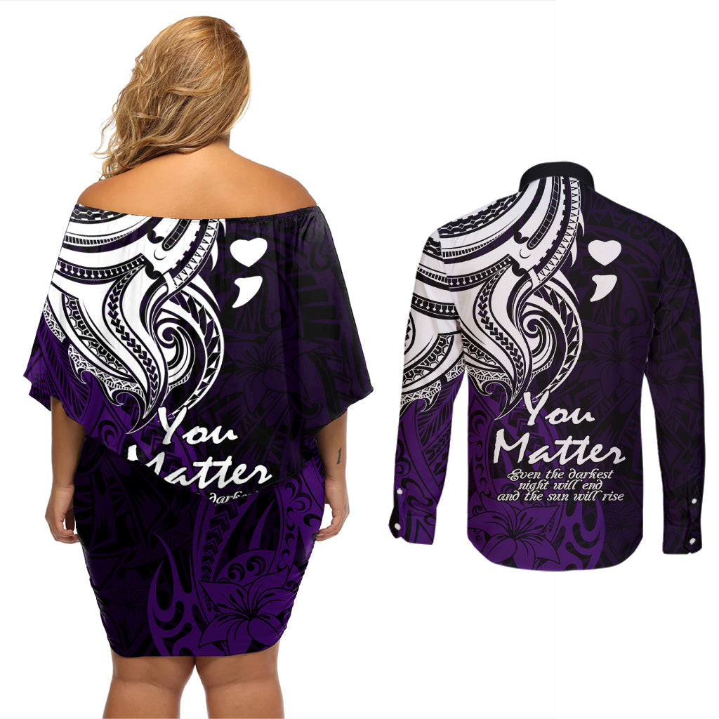 Your Matter Suicide Prevention Couples Matching Off Shoulder Short Dress and Long Sleeve Button Shirts Purple Polynesian Tribal LT9 - Wonder Print Shop