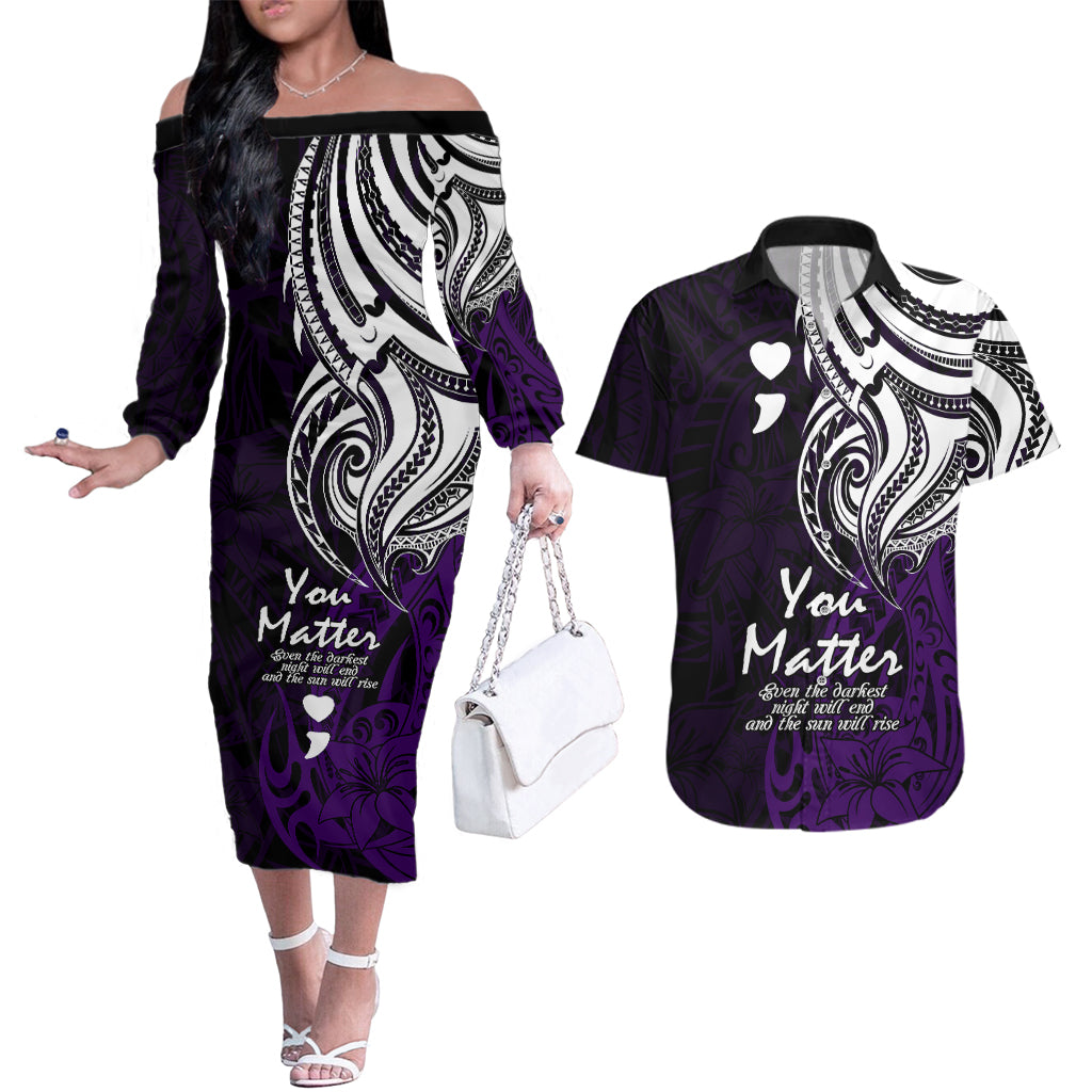Your Matter Suicide Prevention Couples Matching Off The Shoulder Long Sleeve Dress and Hawaiian Shirt Purple Polynesian Tribal LT9 - Wonder Print Shop