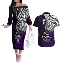 Your Matter Suicide Prevention Couples Matching Off The Shoulder Long Sleeve Dress and Hawaiian Shirt Purple Polynesian Tribal LT9 - Wonder Print Shop